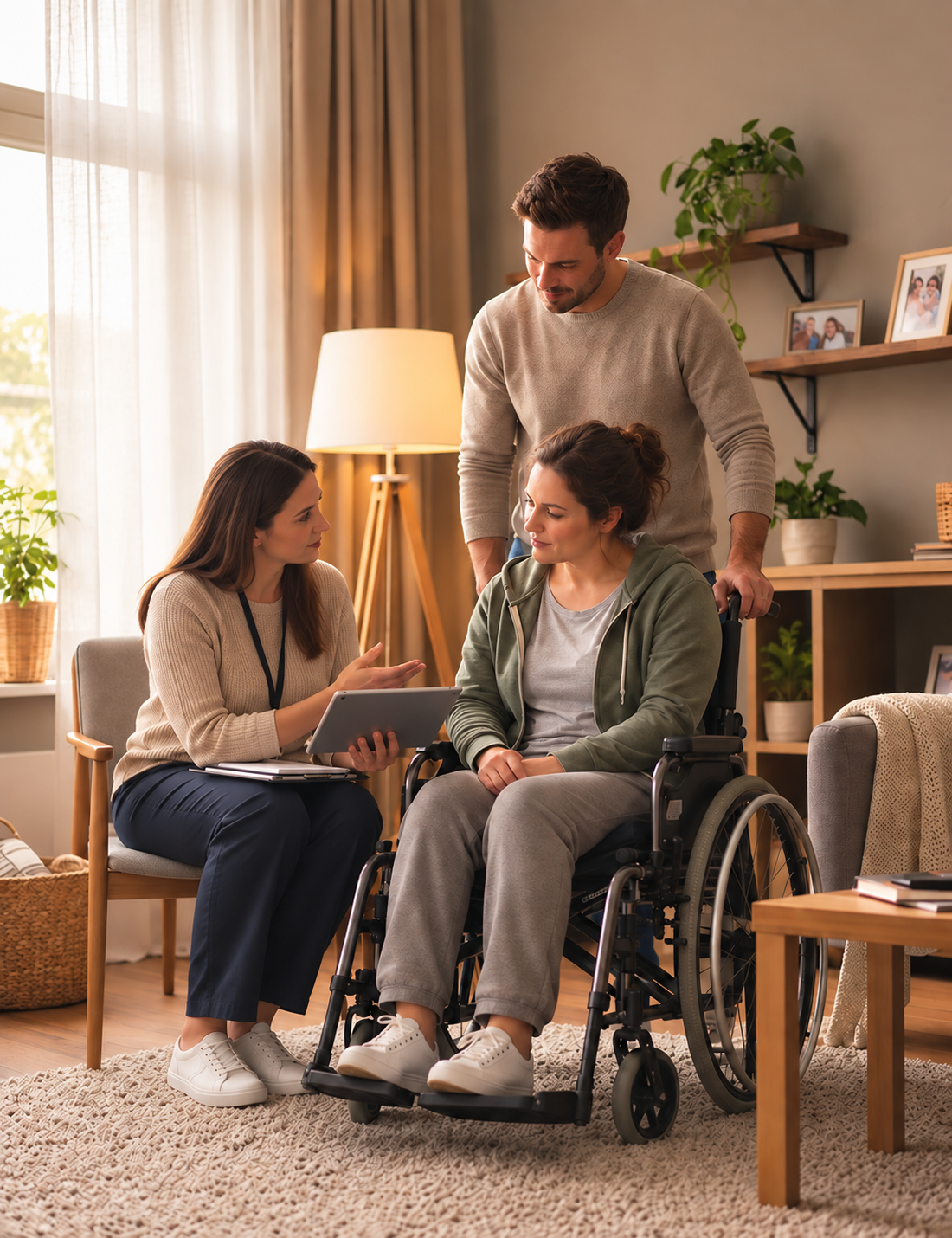 Woman in wheelchair in home receives post-discharge support