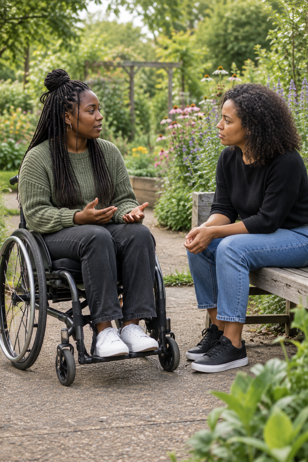 Injured woman in wheelchair receives emotional support