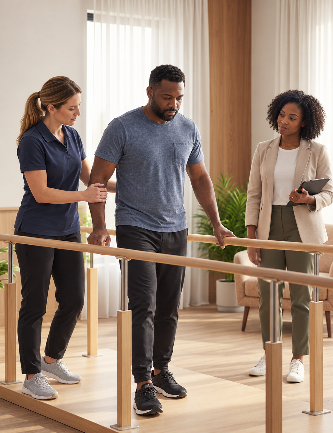 Man receives rehabilitation whilst standing