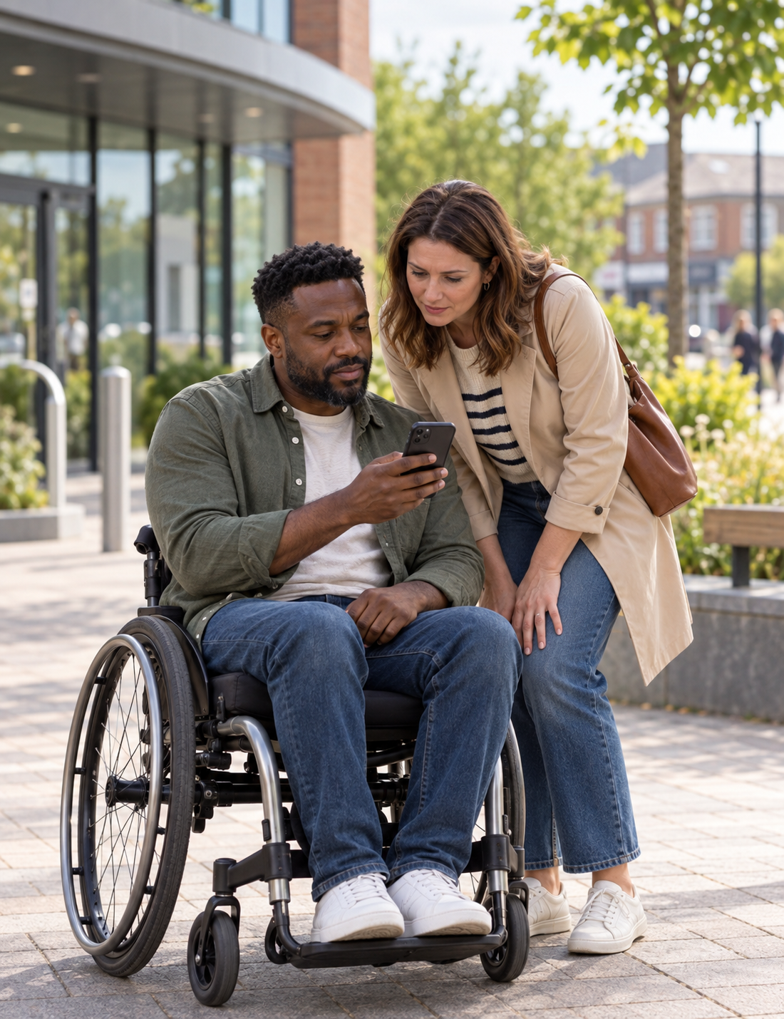 Man in wheelchair with standing woman look at mobile phone