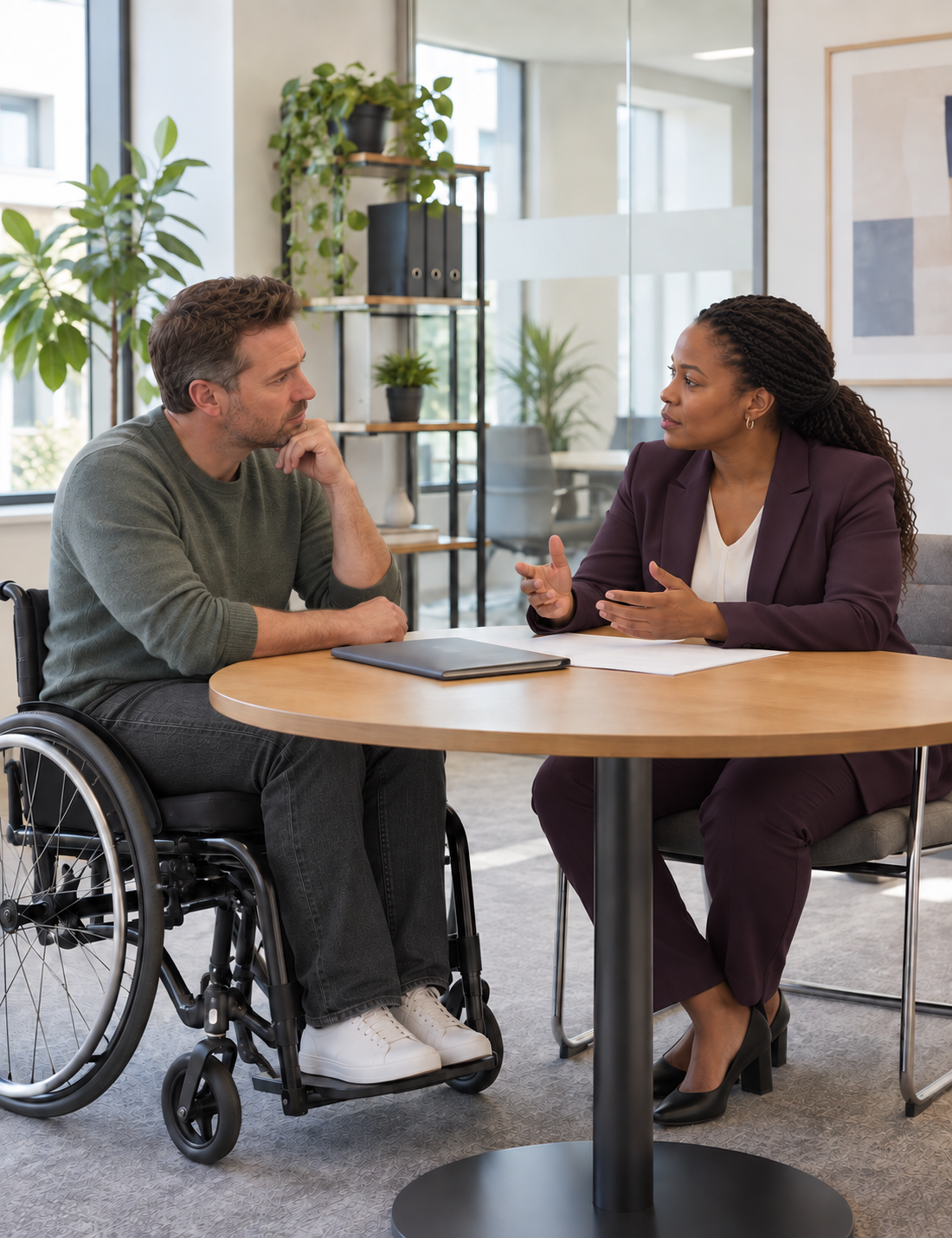 Man in wheelchair receives legal advice after serious injury.
